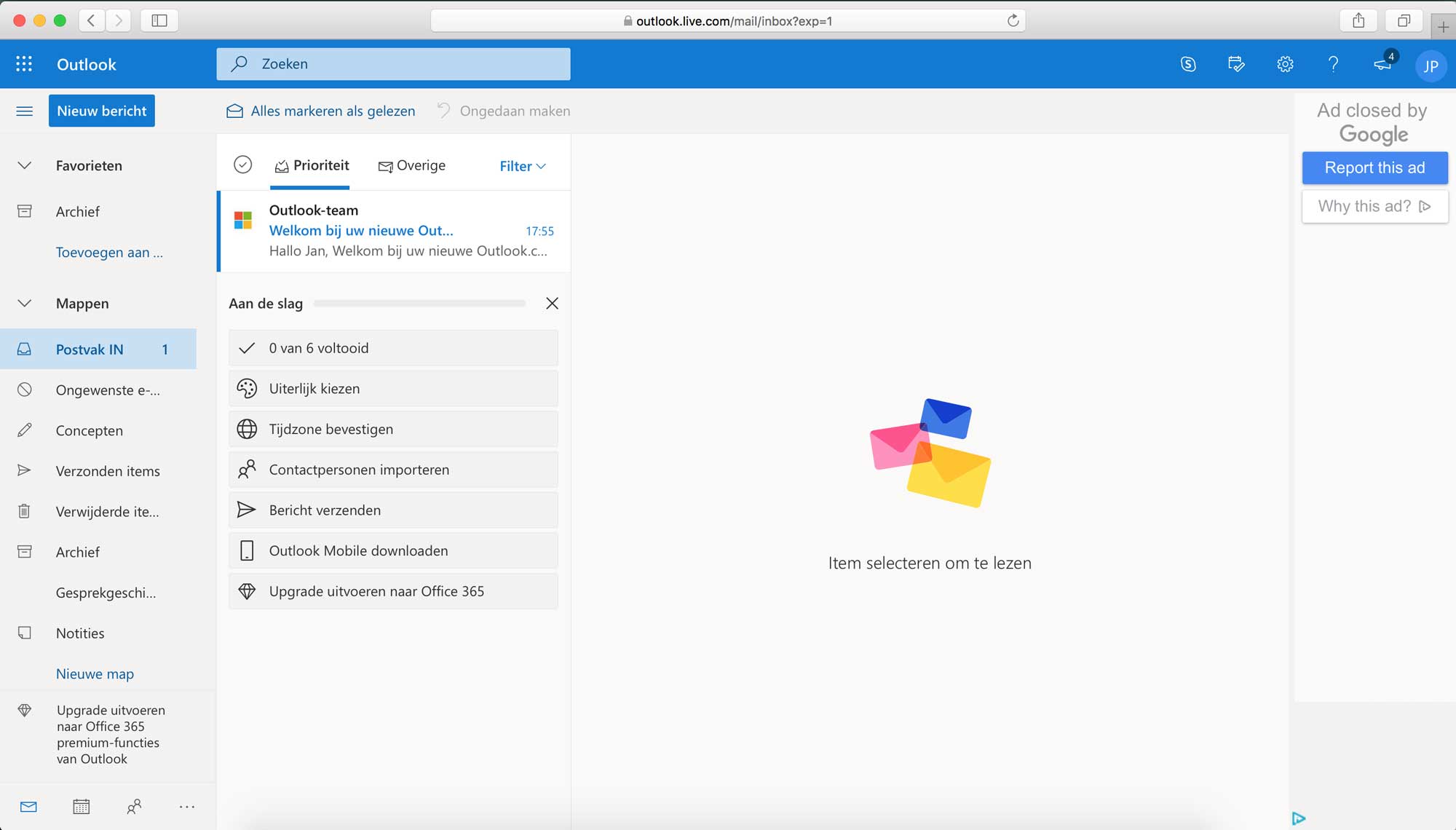 Het scherm van de nieuw aangemaakte mailbox. Met een korte optionele takenlijst om de mailbox verder te configureren en te personaliseren. 